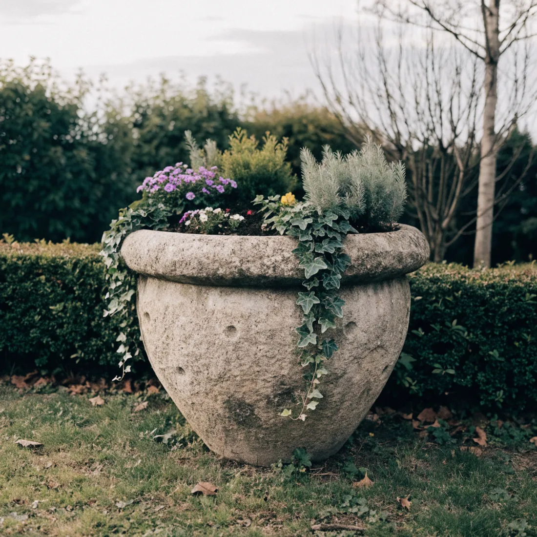 Steinschale im Freien, bepflanzt mit Saisonblumen, Efeu und kleinen Immergrünen