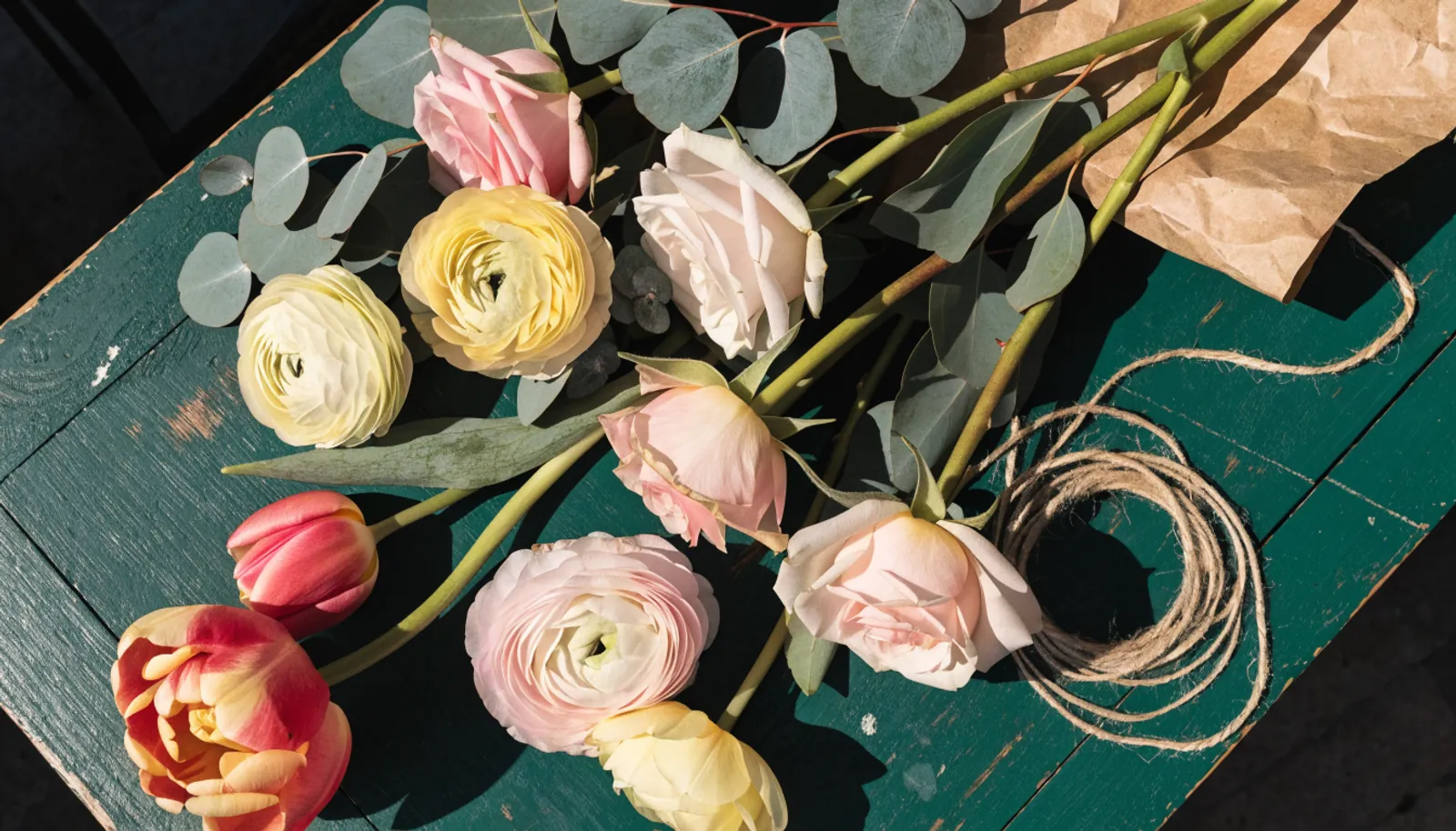 Frisch geschnittene Rosen, Ranunkeln und Eukalyptus auf einer dunkelgrünen Werkbank