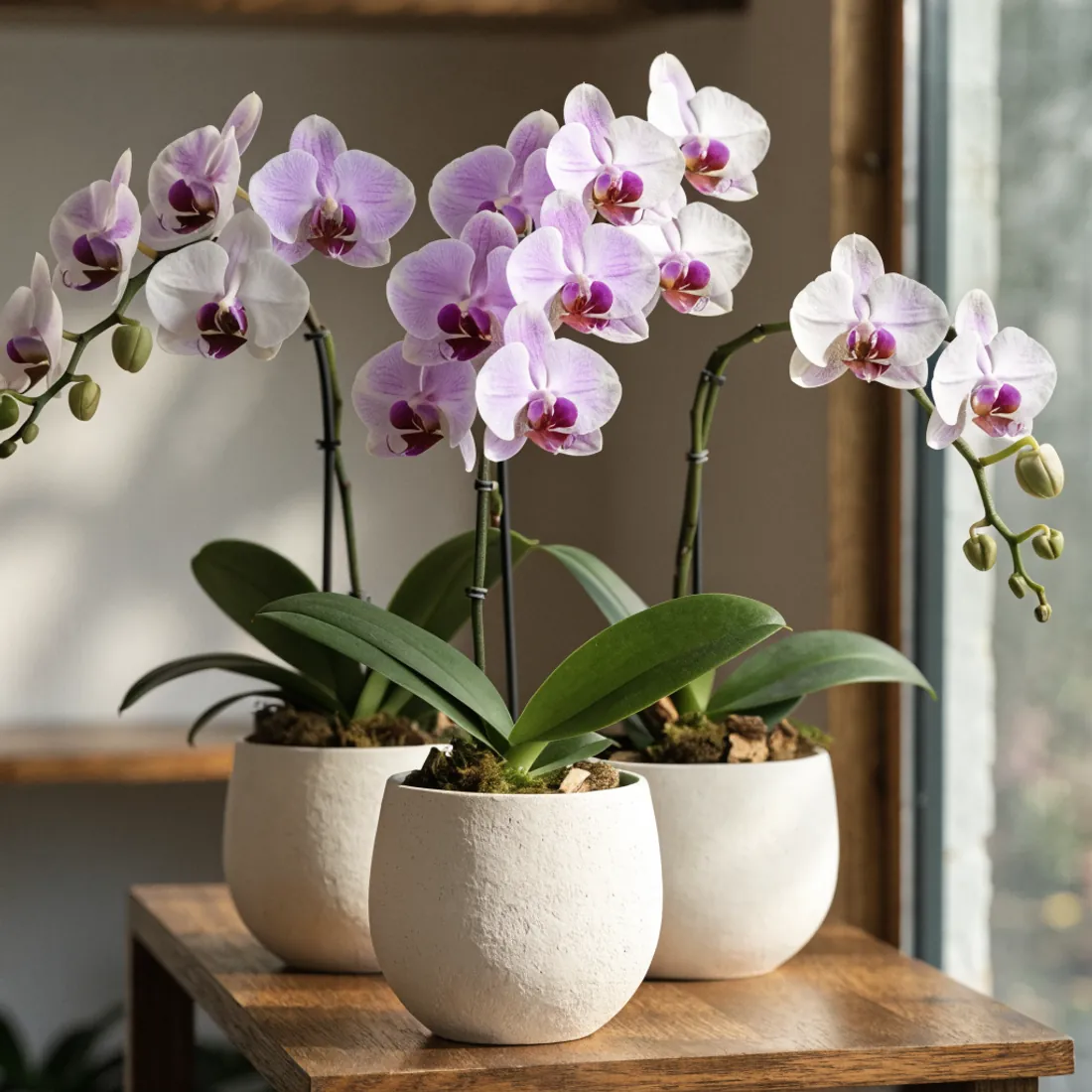 Weiße und violette Phalaenopsis-Orchideen in hellen Keramiktöpfen