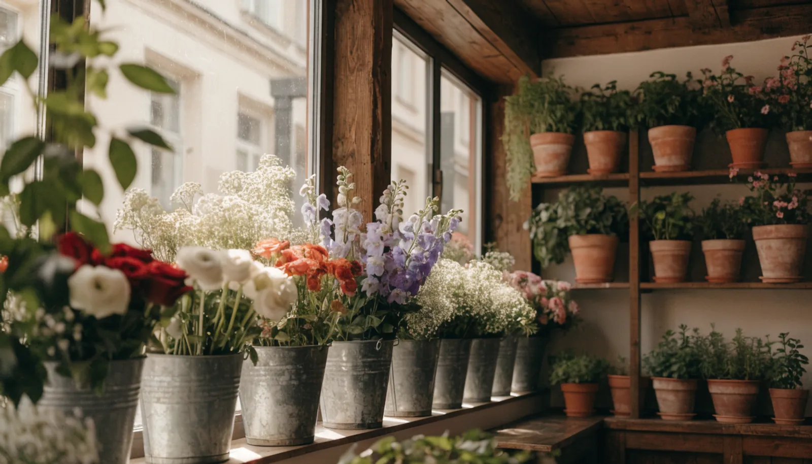 Blumenladen von innen: Eimer mit frischen Schnittblumen am Fenster, Topfpflanzen auf Holzregalen