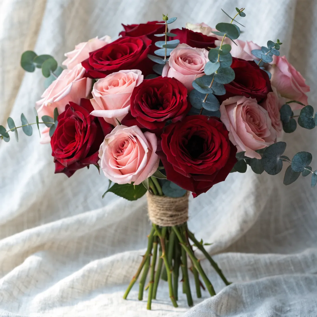 Strauß aus roten und rosafarbenen Rosen mit Eukalyptus, mit Bast gebunden