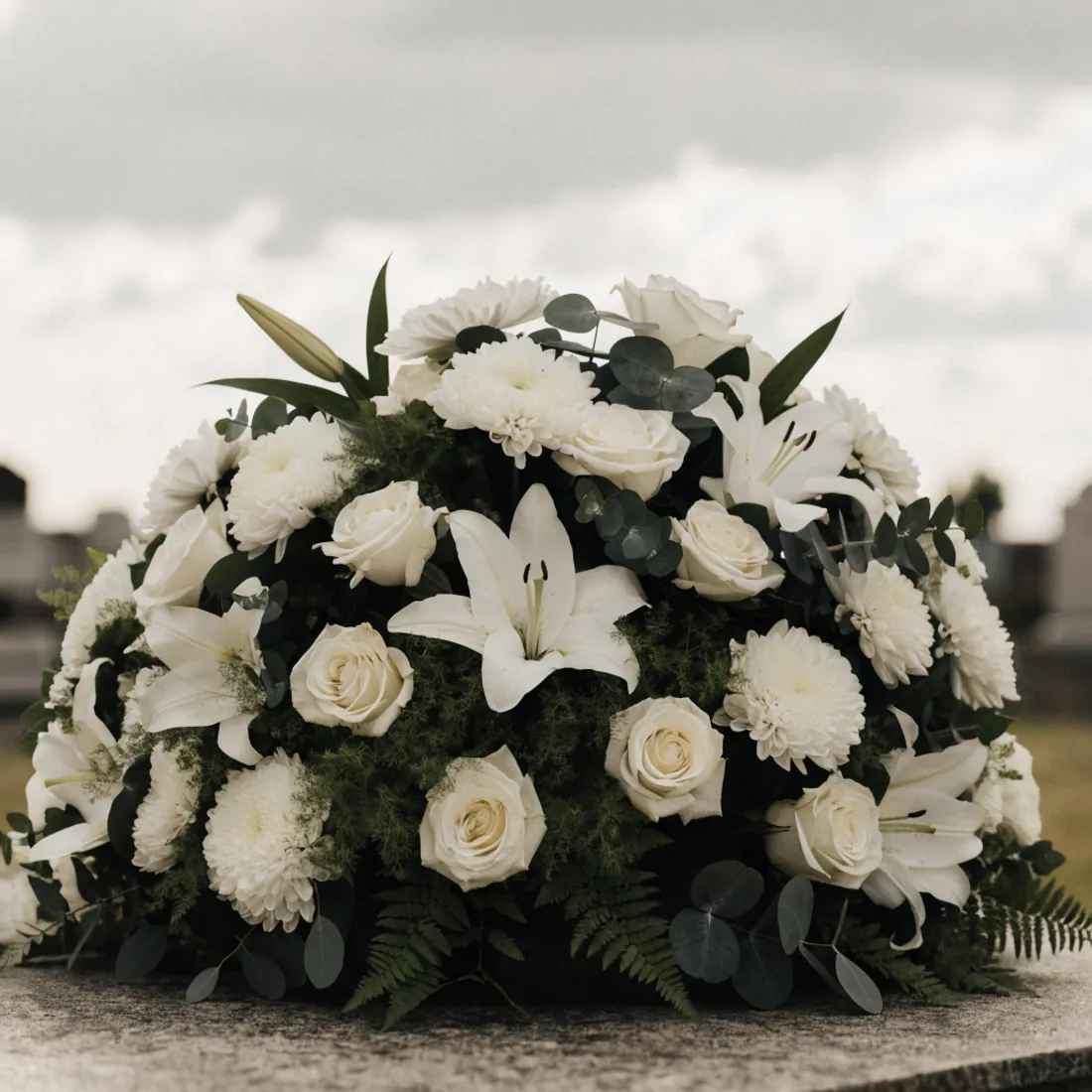 Ovales Trauergesteck aus weißen Rosen, Lilien und Chrysanthemen mit dunklem Grün